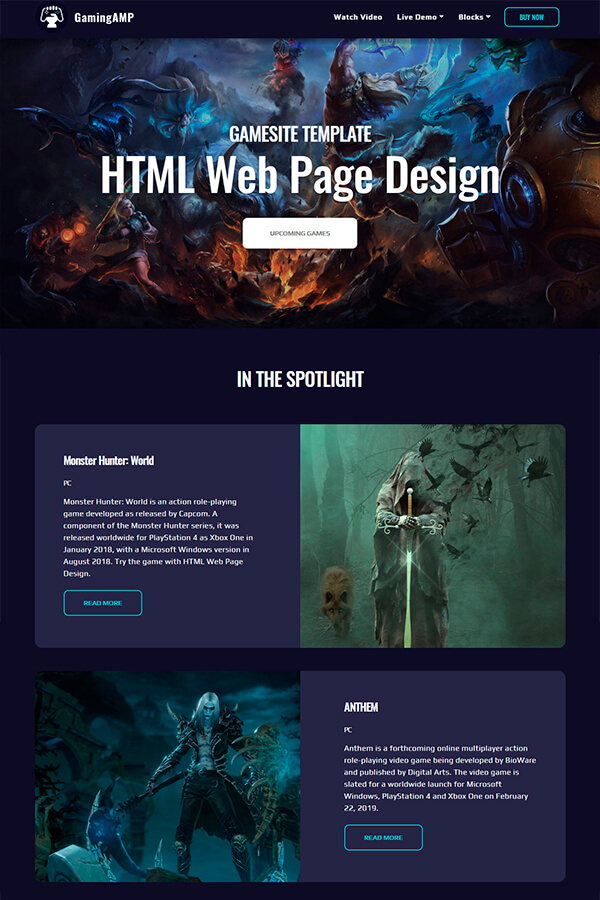 HTML Gaming Page Design